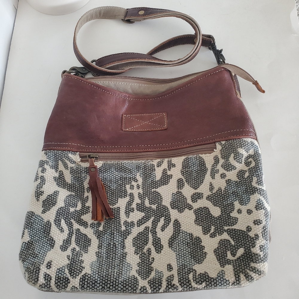 MYRA BAG Leather Canvas NAIVE Hobo Bag Top Zip Western Boho Rustic 14 X 13"